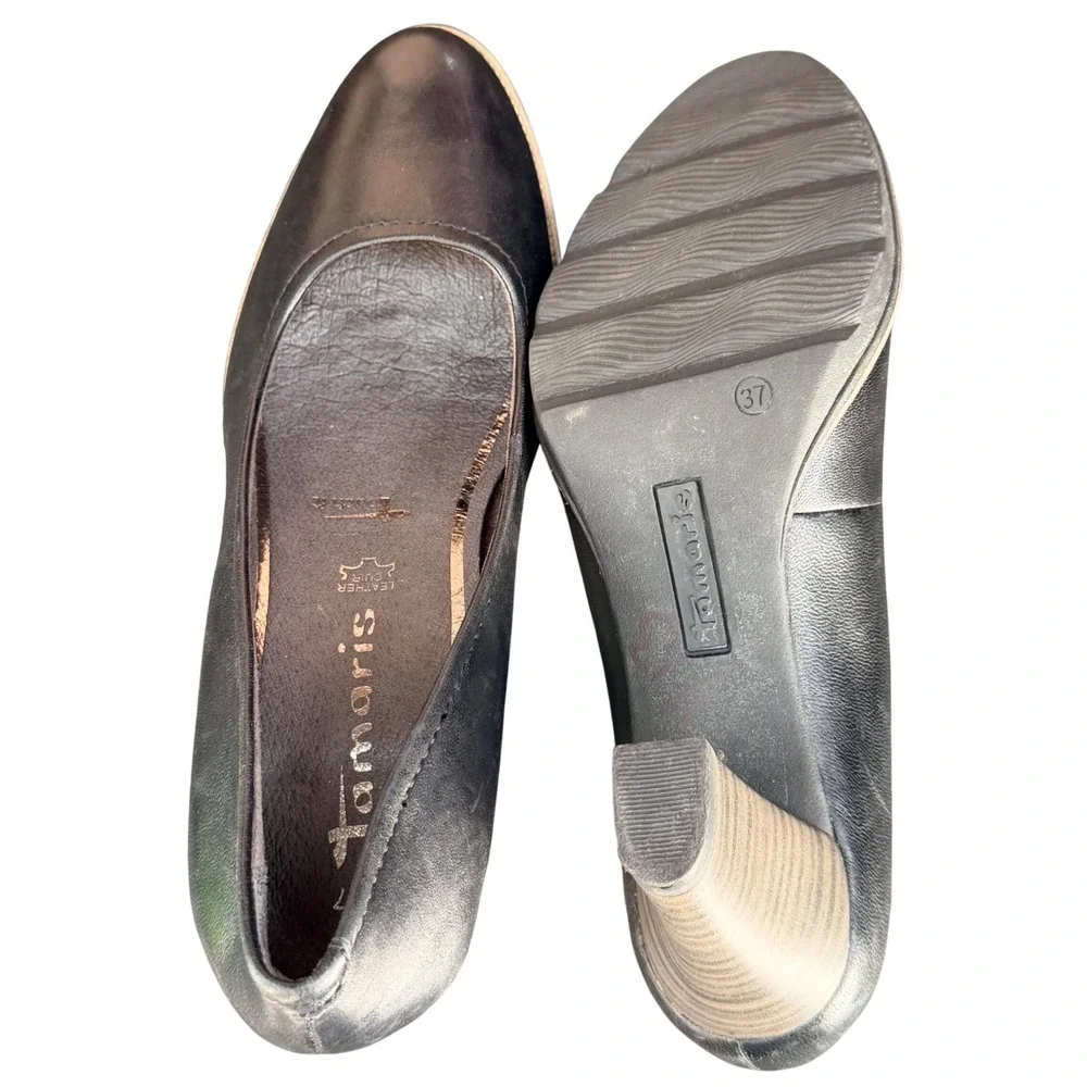 Tamaris Pumps Womens 37 Black Leather Block Heel Round Toe Touch It Office